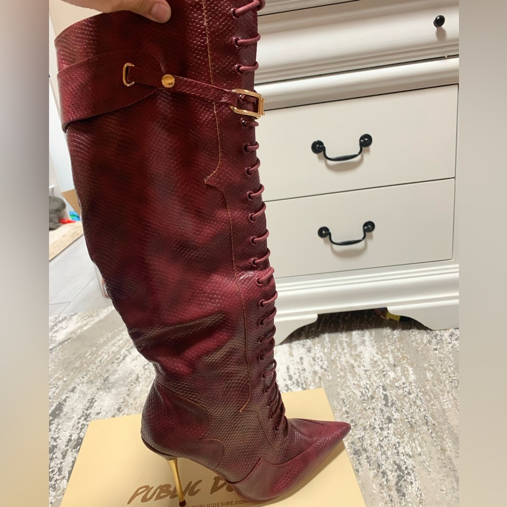 Public Desire Burgundy Over-the-Knee Lace-Up Pointed Toe Boots